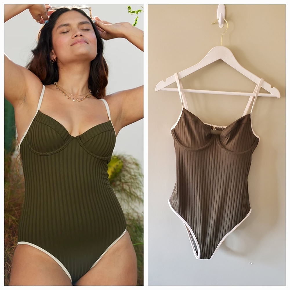 NWOT Aerie L Wide Ribbed Underwire UPF 50 One Piece Swimsuit in Festive Olive